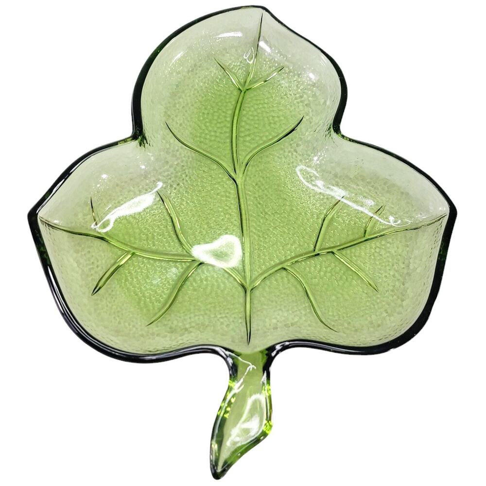 Vintage Hazel Atlas Green Glass Clover Leaf Dish Shamrock Candy Trinket Tray MCM